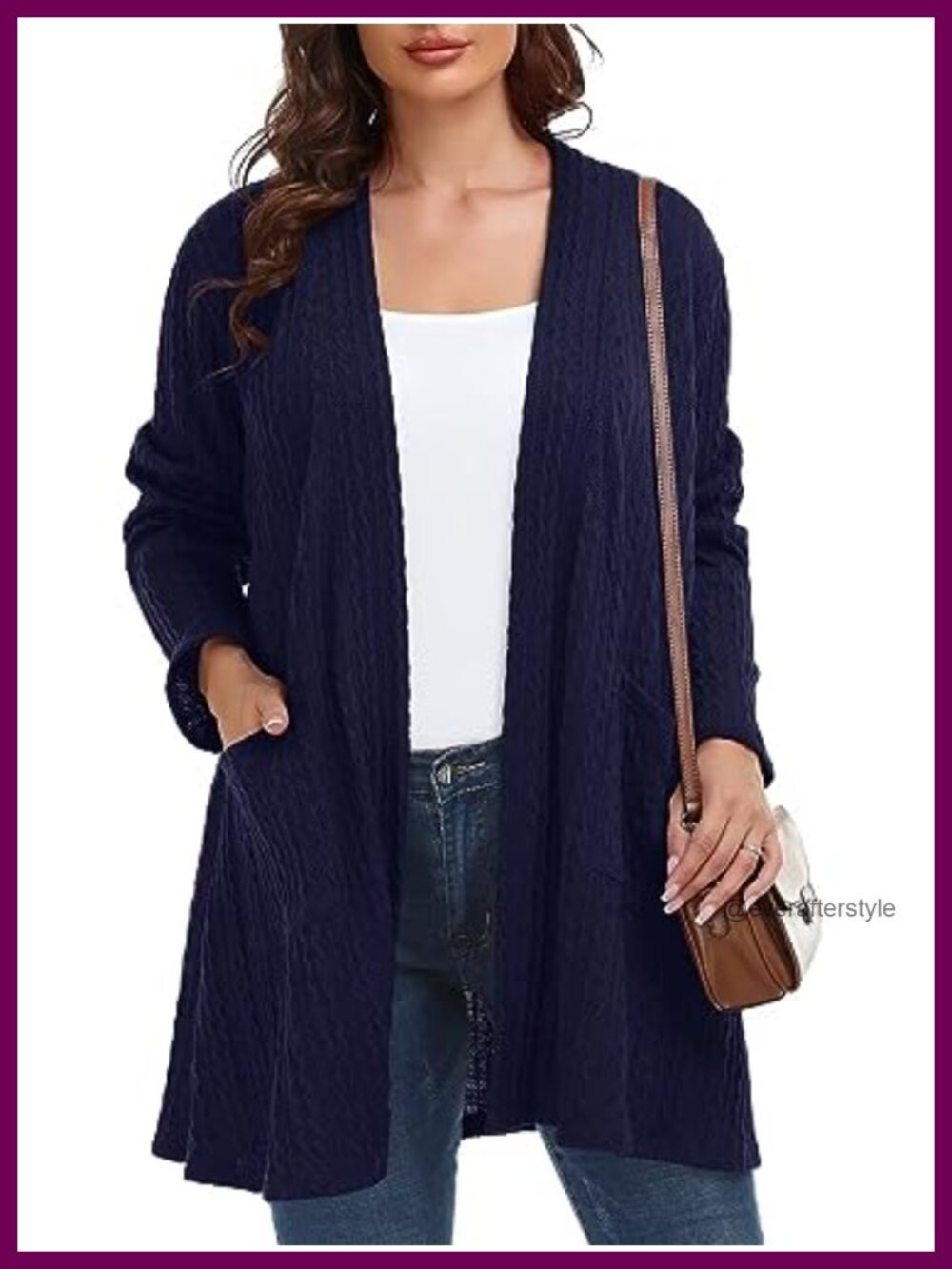 Plus Size Cable Knit Open Front Cardigan with Pockets Below Hip Length
